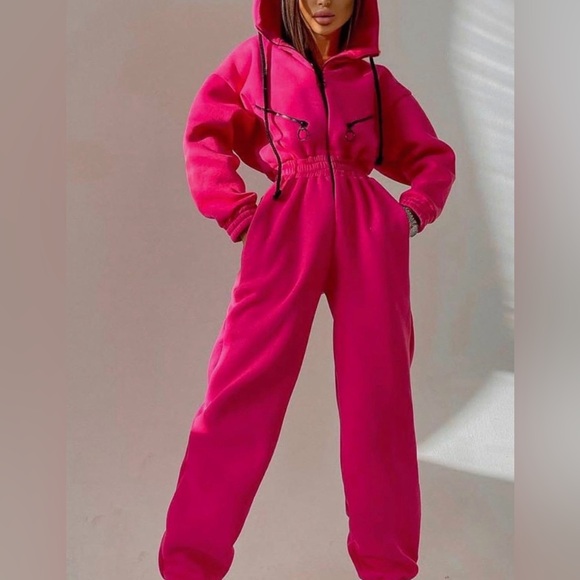 Pants - Women's Pink Hooded Jumpsuit